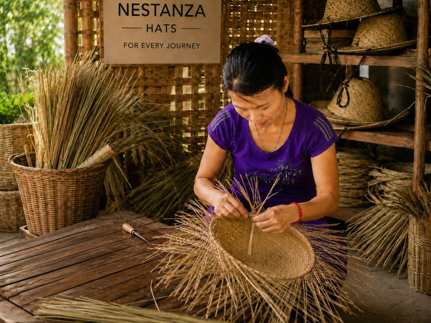 NESTANZA artisan handweaving a natural straw hat in Vietnam